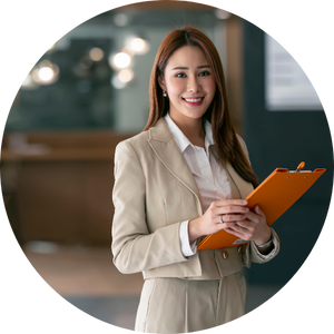 woman wearing a suit holding a clipboard